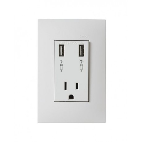 TOMA CORRIENTE 2P + T CON DOS CARGADORES USB CON PLACA COLOR BLANCO SIMON | Simon 25 | CODIGO 25454-60